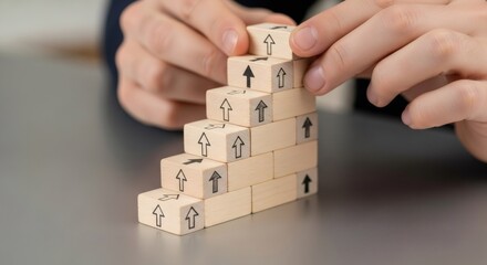 Man arranging wooden blocks into an ascending staircase shape, symbolizing step-by-step business progress and career growth.