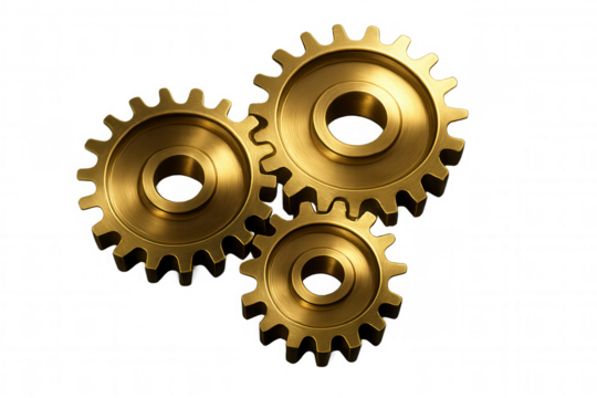 Interlocking golden metallic gears rotating smoothly, representing collaborative engineering precision against transparent backdrop