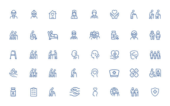 Senior citizens medical icon line illustration, elderly care, nursing home vector, hospital health editable stroke, healthcare symbol, aging population, medical support, wellness and more.
