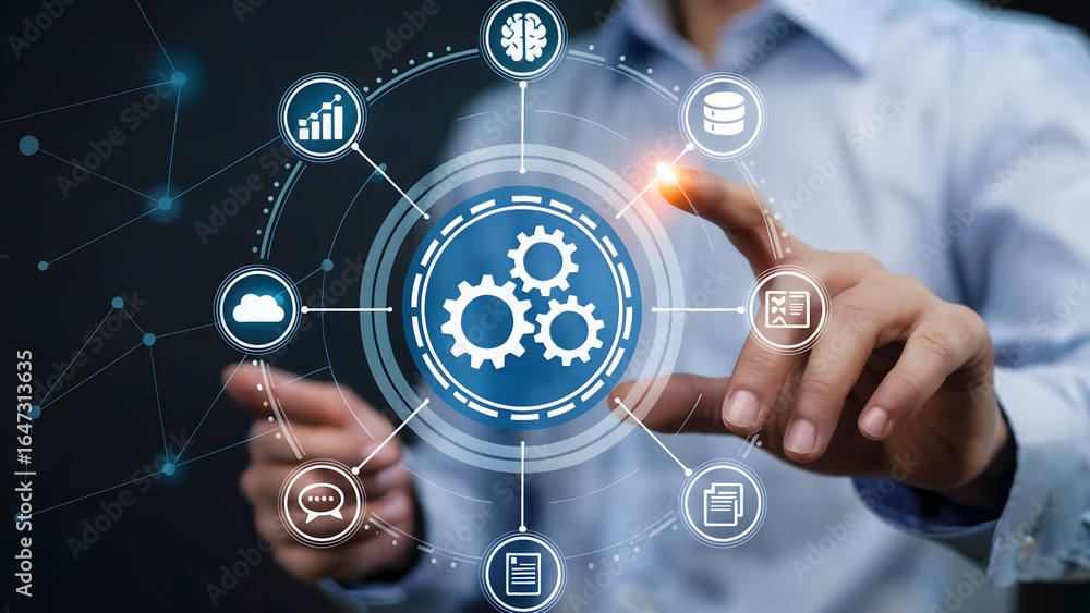 Aufkleber person interacting with digital interface featuring gears and various data related icons around it