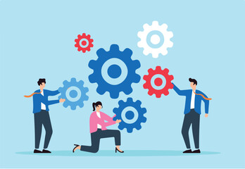 Flat illustration of businessman and colleagues help connect cogwheels symbolizing teamwork and collaboration.