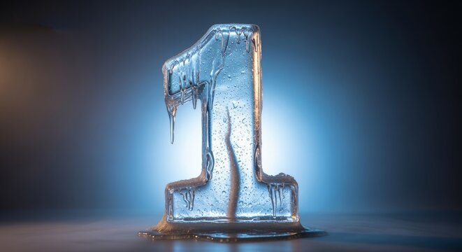 Icy Blue Number One with Melting Water Droplets on Dark Background