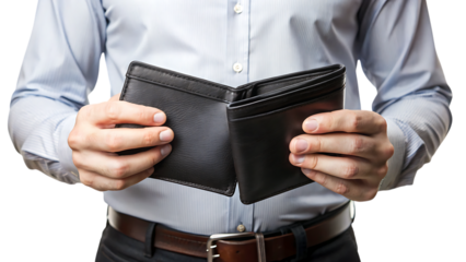 empty black wallet-in male hands isolated - on a white background PNG. GENERATIVE AI