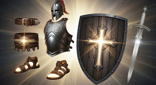 Knight's Armour, Shield, Sword, and Sandals Lit by Bright Light