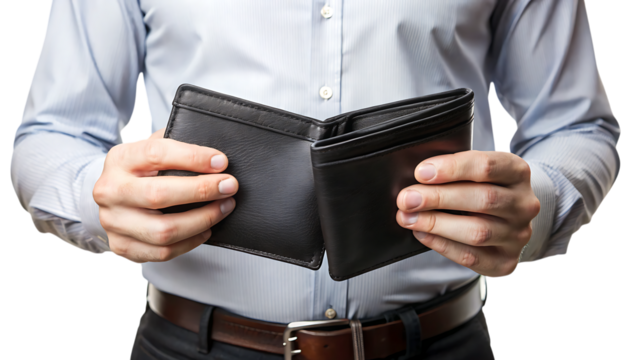 empty black wallet-in male hands isolated - on a white background PNG. GENERATIVE AI