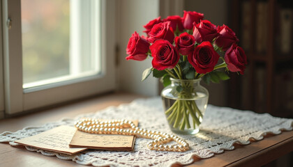 Red roses in vase, vintage letters, and pearls on lace cloth with soft window light, romantic still life photography