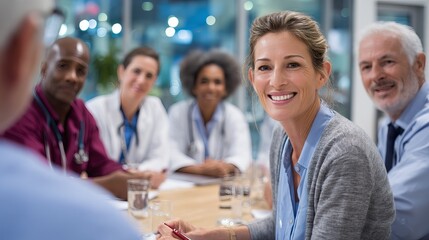 Smiling female doctor engaging with colleagues in a collaborative meeting.