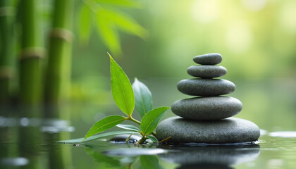 Stacked stones with bamboo leaves and water reflection, peaceful zen spa still life composition