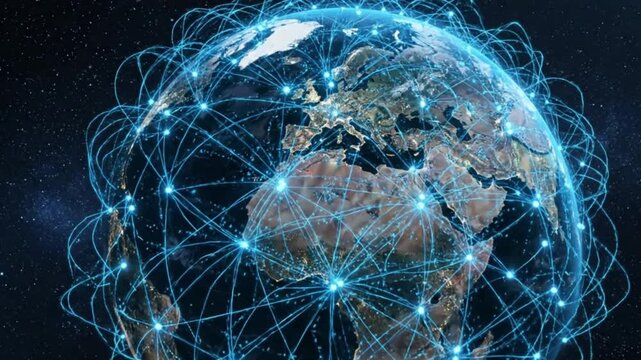 Planet Earth from space, wrapped in a glowing blue grid representing a global network and communication technology.
