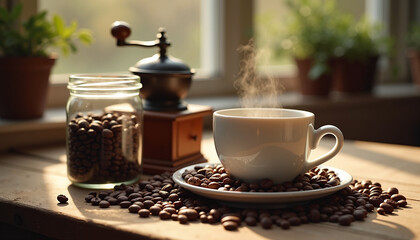 Aromatic coffee beans, vintage grinder, and steaming cup on rustic wooden table with warm morning light, elegant still life