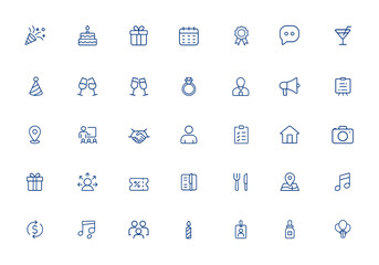 Event planning line icons with editable stroke for party, anniversary, birthday, wedding, seminar, celebration, gift, coordination, ticket, volunteer, workshop, calendar, invitation, balloon and more.