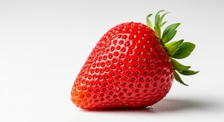 Ripe Red Strawberry with Green Stem on White Background Closeup