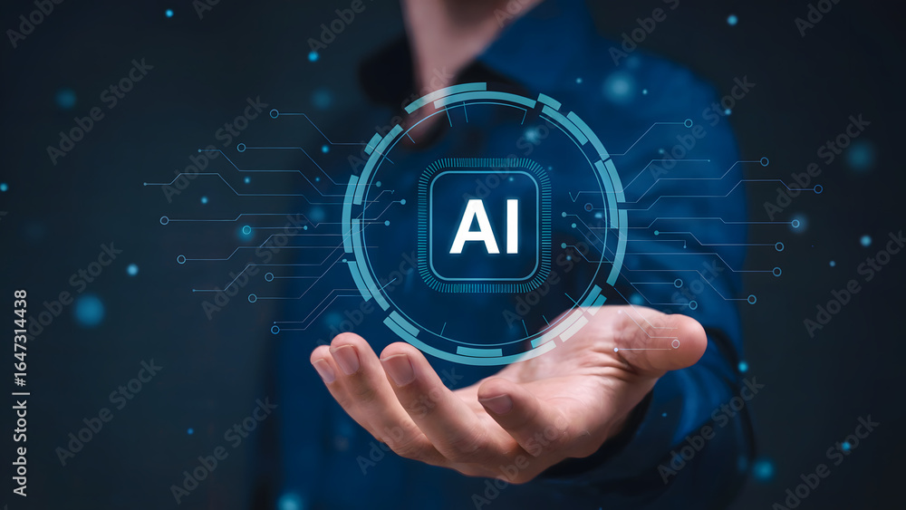 Poster a person holding a digital ai interface with glowing network connections in their open palm