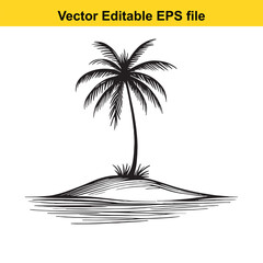 Island, beach, palm silhouette of a single palm tree on a tropical island in the ocean, isolated on white background