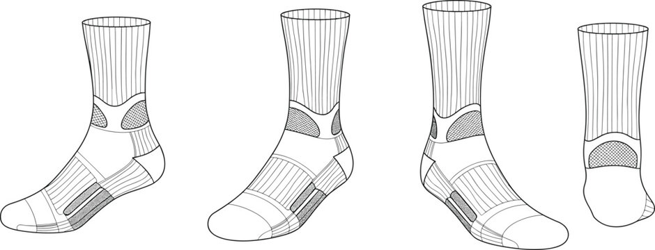 Sport performance socks fashion technical flat sketch, front side and back view, detailed knitting pattern, ribbed cuffs, athletic wear accessory design template, footwear illustration, CAD drawing 
