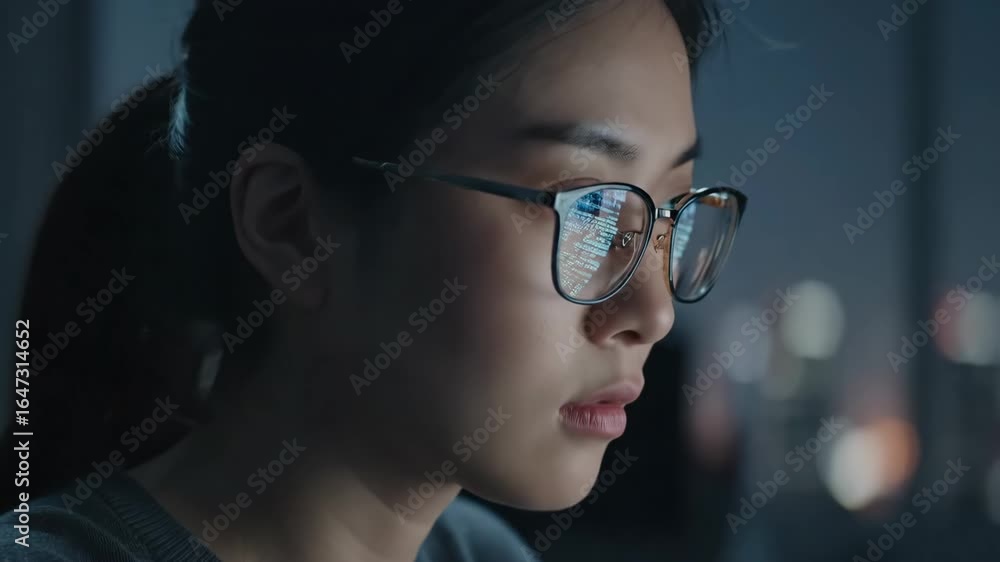 Aufkleber focused programmer working late - close-up shot of a female software developer intensely focused on 