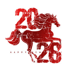 red horse symbol of the 2026 new year with a grunge outline and texture isolated on a white background. inscription with numbers and letters, brutal design. stock vector illustration. EPS 10.