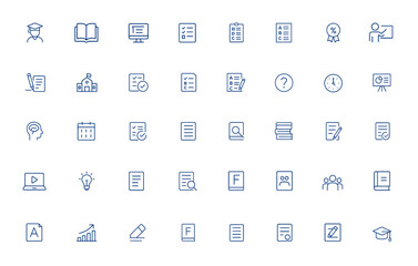 Education exam icon collection – student learning, study, school test symbols with editable stroke, vector illustration, academic, assessment, knowledge, quiz, classroom, training and more.