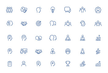 Editable stroke vector illustration of soft skills icons featuring teamwork, communication, creativity, adaptability, leadership, collaboration, personal growth, and professional development