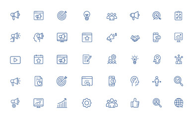 Marketing and Advertising Icons with Promotion and Business Concepts – Editable Stroke Vector Illustration, Digital Campaign, Brand Strategy, Online Marketing, Advertising Symbols