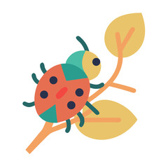 Ladybug rests on a branch with leaves.
