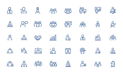 Leadership and communication icons for business people, cooperation and meeting concepts, editable stroke vector illustration, teamwork, collaboration, corporate, management and more.