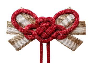Red and gold beaded heart knot decoration isolated on transparent background