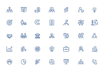 Business and management icon collection with editable stroke. Vector illustration featuring leadership, teamwork, marketing, finance, recruitment, startup, strategy, communication and more.