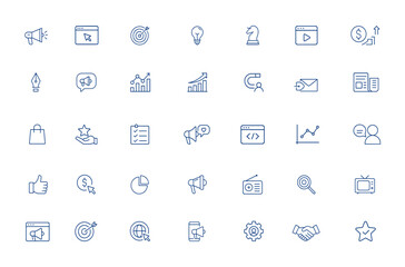 Editable Stroke Vector Illustration of Marketing, Business, Advertising, and Promotion Icons – Creative Line Art for Digital Campaigns, Branding, Sales, Strategy, Online Advertising and more.