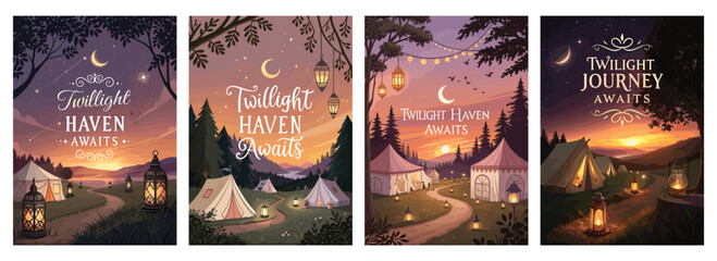 Enchanting twilight scenes depicting tents and lanterns under a beautiful night sky.