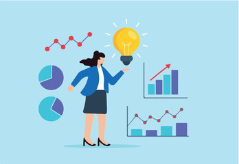 Flat illustration businesswoman present glowing lightbulb idea with charts symbolizing business strategy optimization
