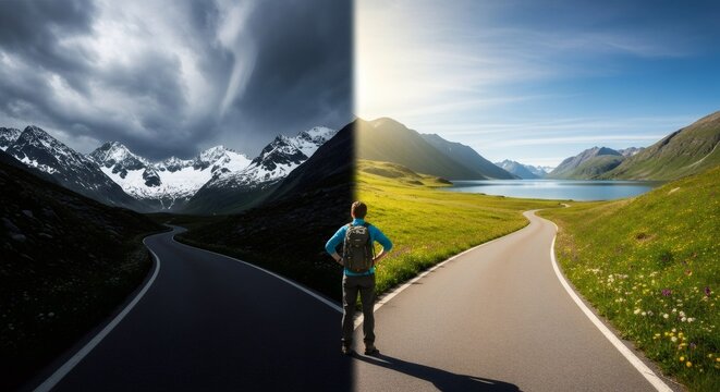 Man on bifurcated road under split sky, half in storm, half sunny. Concept of choice, decision making and path toward future.