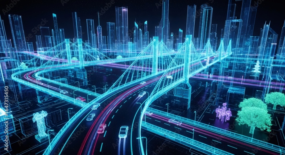 Poster digital cityscape with glowing roads and virtual buildings. smart city infrastructure with data flow