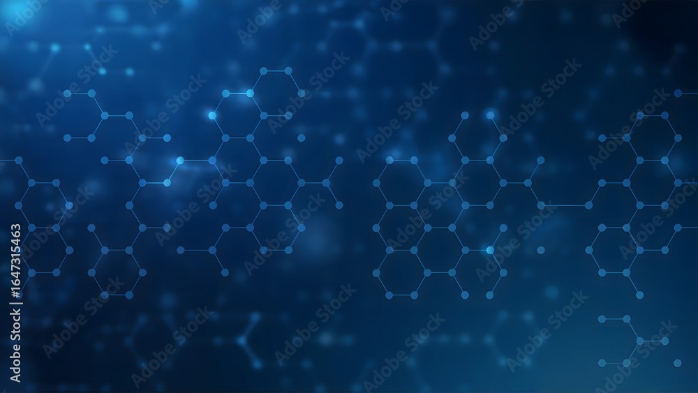 Poster abstract blue background featuring a network of interconnected hexagons and dots design