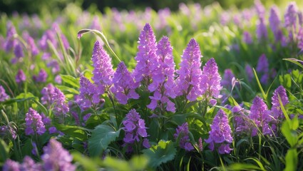 Obraz premium Purple flowers in a garden with green leaves and sunlight.