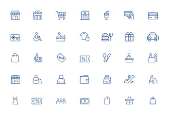 Editable shopping mall icon pack: supermarket, department store, shopping cart, food court, escalator, payment, credit card, gift card, wheelchair, cashier, clothing, vector illustration and more.