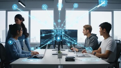 Collaborative Programmers Working on Tech Project - A diverse team of programmers collaborates on a complex project in a modern office setting. - Powered by Adobe