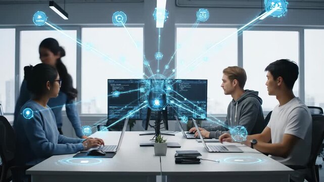 Collaborative Programmers Working on Tech Project - A diverse team of programmers collaborates on a complex project in a modern office setting. - Powered by Adobe