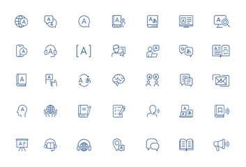 Language icons line pack – Editable stroke vector illustration featuring communication, study, learning, education, conversation symbols, speech, dialogue, language skills, knowledge and more.