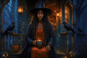 AI-generated image of a Black woman witch holding a cup on a porch with crows and lanterns.