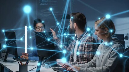 Collaborative Programmers Working on Project - A diverse team of programmers collaborates on a complex project in a modern office setting. - Powered by Adobe