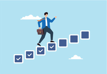 Flat illustration of businessman step on checkbox checklist progressing from start to success in completing task
