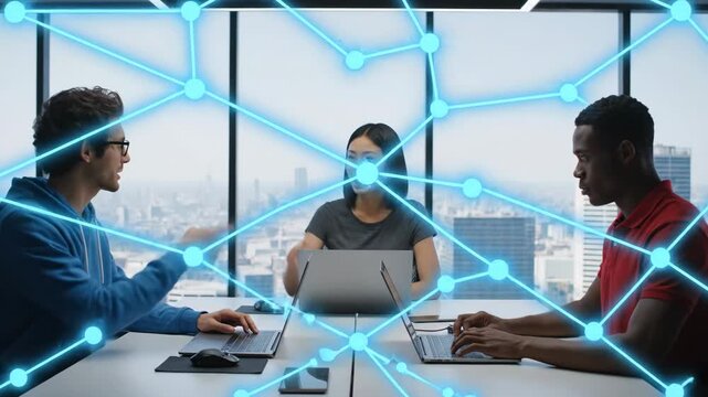 Collaborative Programmers Working on Project - Three diverse programmers collaborate on a complex project, their laptops connected by a digital network overlay. - Powered by Adobe