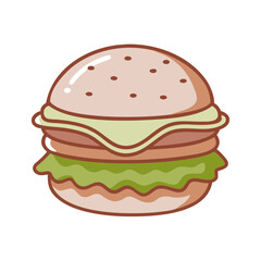 A cartoon hamburger with cheese and lettuce.
