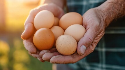 Close-up of a farmer's hands holding a handful of fresh brown and white chicken eggs, symbolizing organic farming and natural produce.