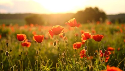 Fototapeta premium A field of vibrant red poppies at sunset