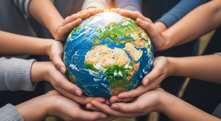 Hands of adult women and children protect the earth. Concept of earth day, environmental protection, and global care.