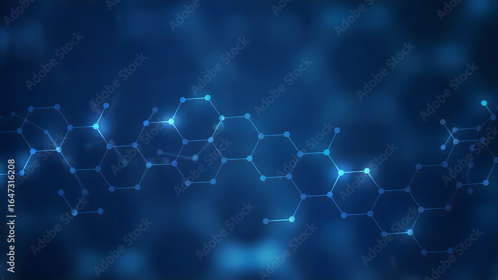 Poster abstract blue background featuring interconnected hexagons and glowing dots for science visualizatio