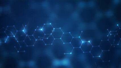 Obraz premium Abstract blue background featuring interconnected hexagons and glowing dots for science visualization