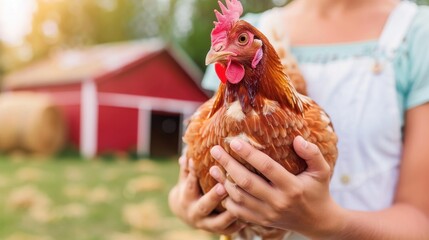 Person holding a brown hen on a sunny farm with a red barn in the background